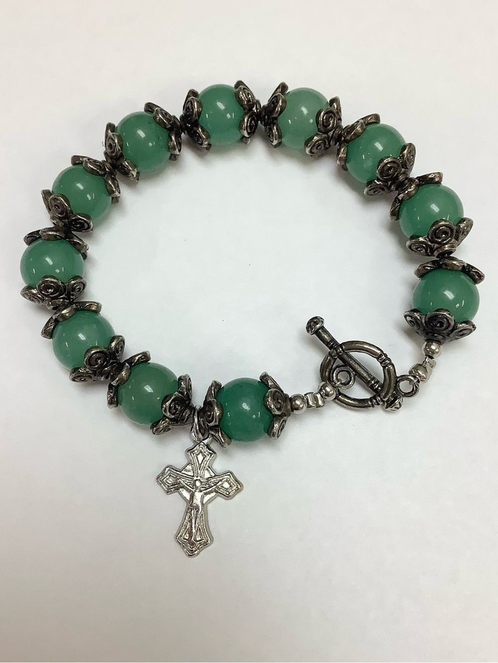 Jade Green Beaded Cross Rosary Prayer Bracelet